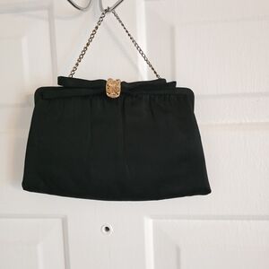 Satin Black Evening Clutch with Gold-Tone Chain 1950s & 60s